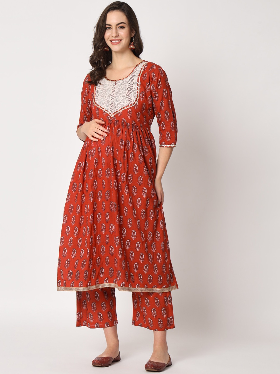 

Aujjessa Ethnic Motifs Printed Pure Cotton Maternity Kurta with Palazzos, Red