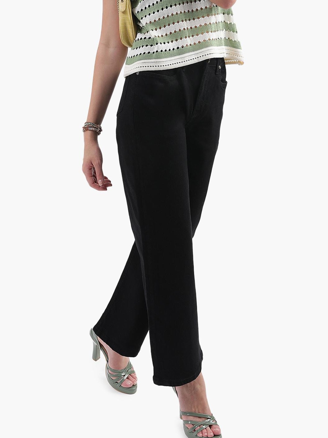 

Virgio Women Flared High-Rise Slash Knee Jeans, Black