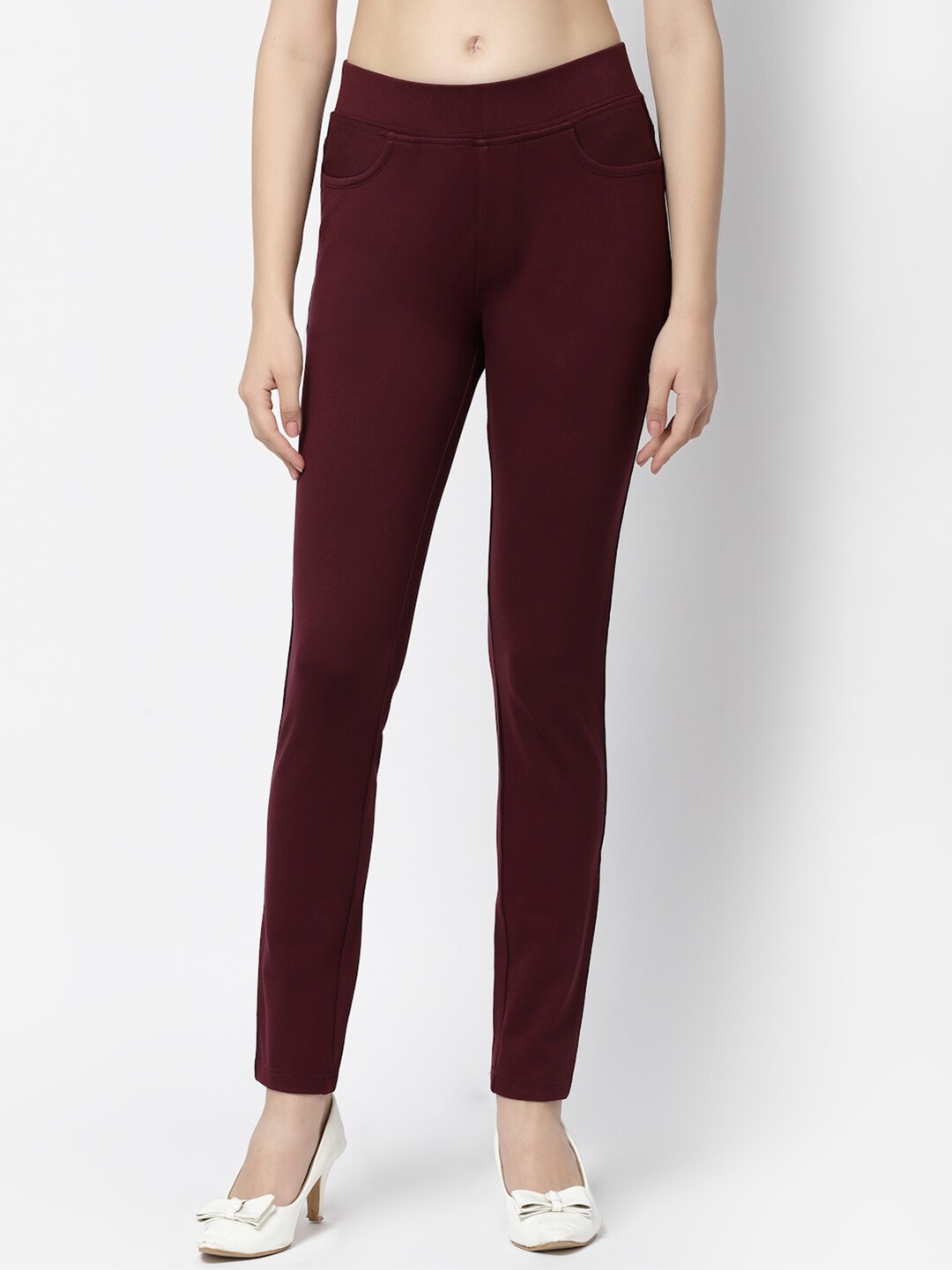 

Prag & Co Women Skinny Fit Cotton Treggings, Maroon