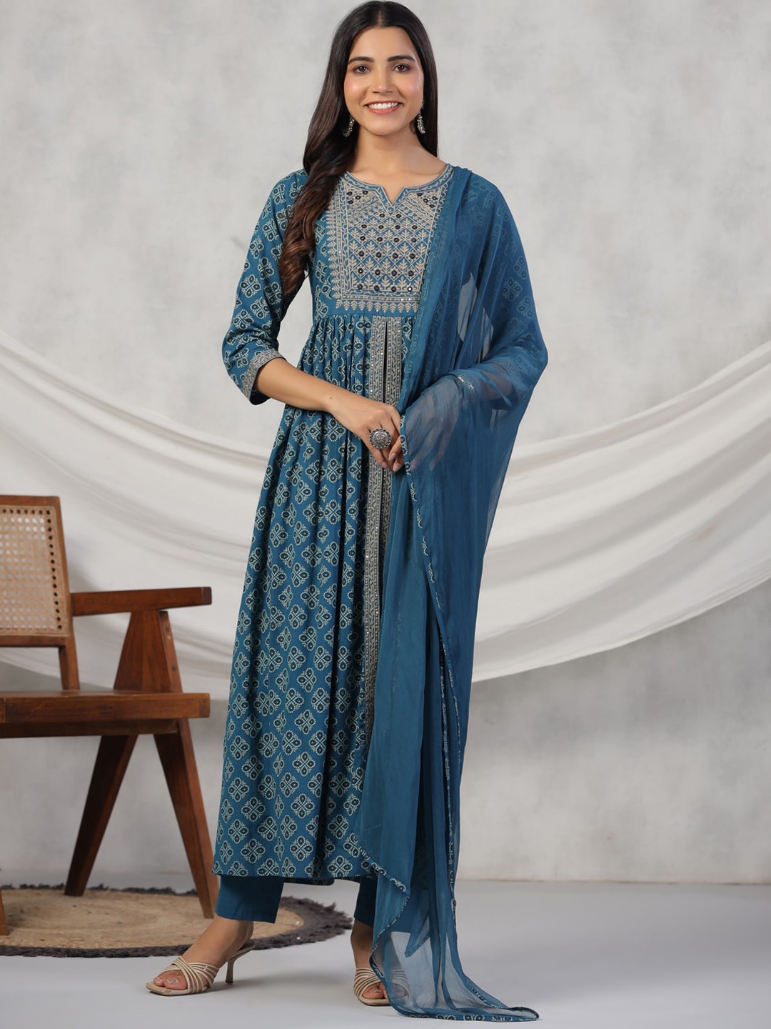 

RangDeep Ethnic Motifs Printed Thread Work Pure Cotton Kurta With Pyjamas & Dupatta, Teal