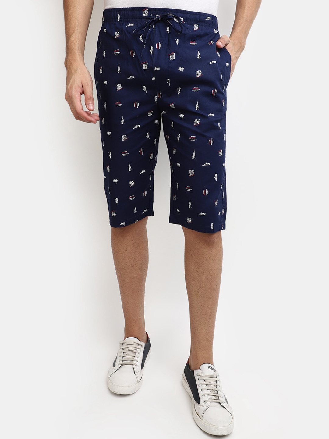 

V-Mart Men Printed Cotton Capri Shorts, Blue