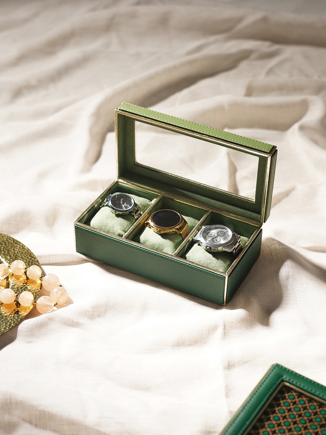 

Pure Home and Living Unisex 3 Compartment Watch Organizer, Green