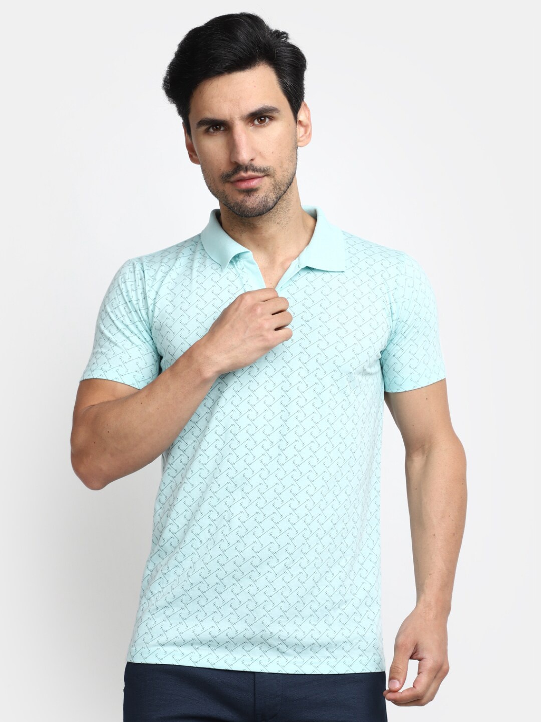 

V-Mart Geometric Printed Polo Collar Slim Fit Cotton Casual T-shirt, Green