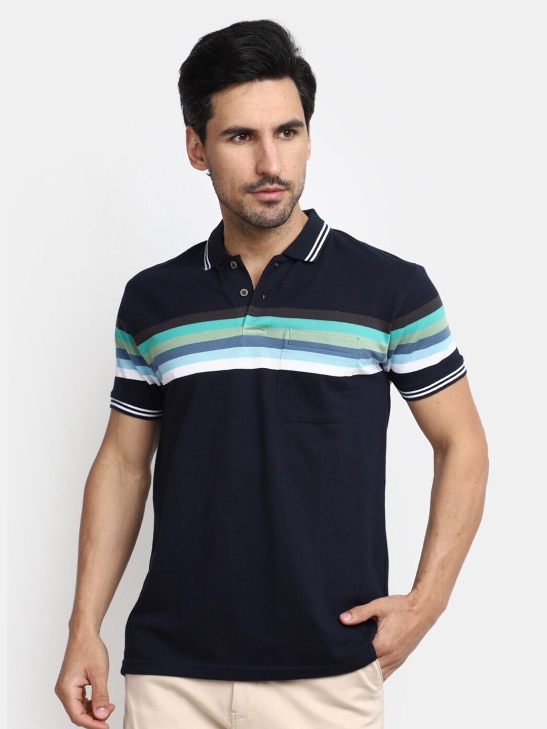 

V-Mart Striped Polo Collar Cotton Casual T-shirt, Navy blue