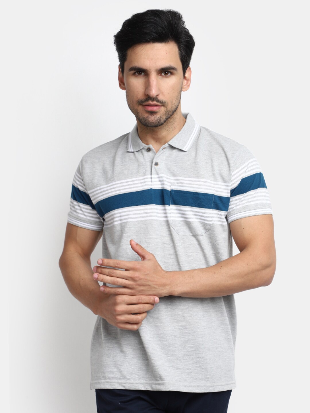 

V-Mart Colourblocked Polo Collar Cotton Regular T-shirt, Grey