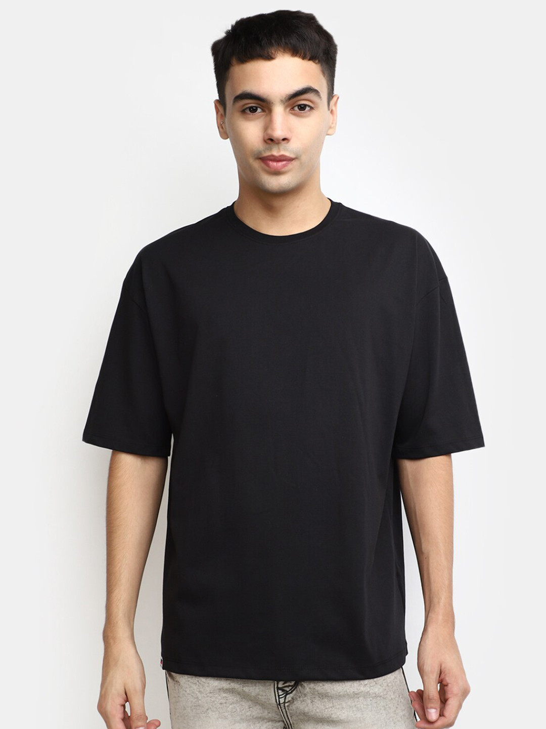 

V-Mart Round Neck Drop-Shoulder Sleeves Cotton T-shirt, Black