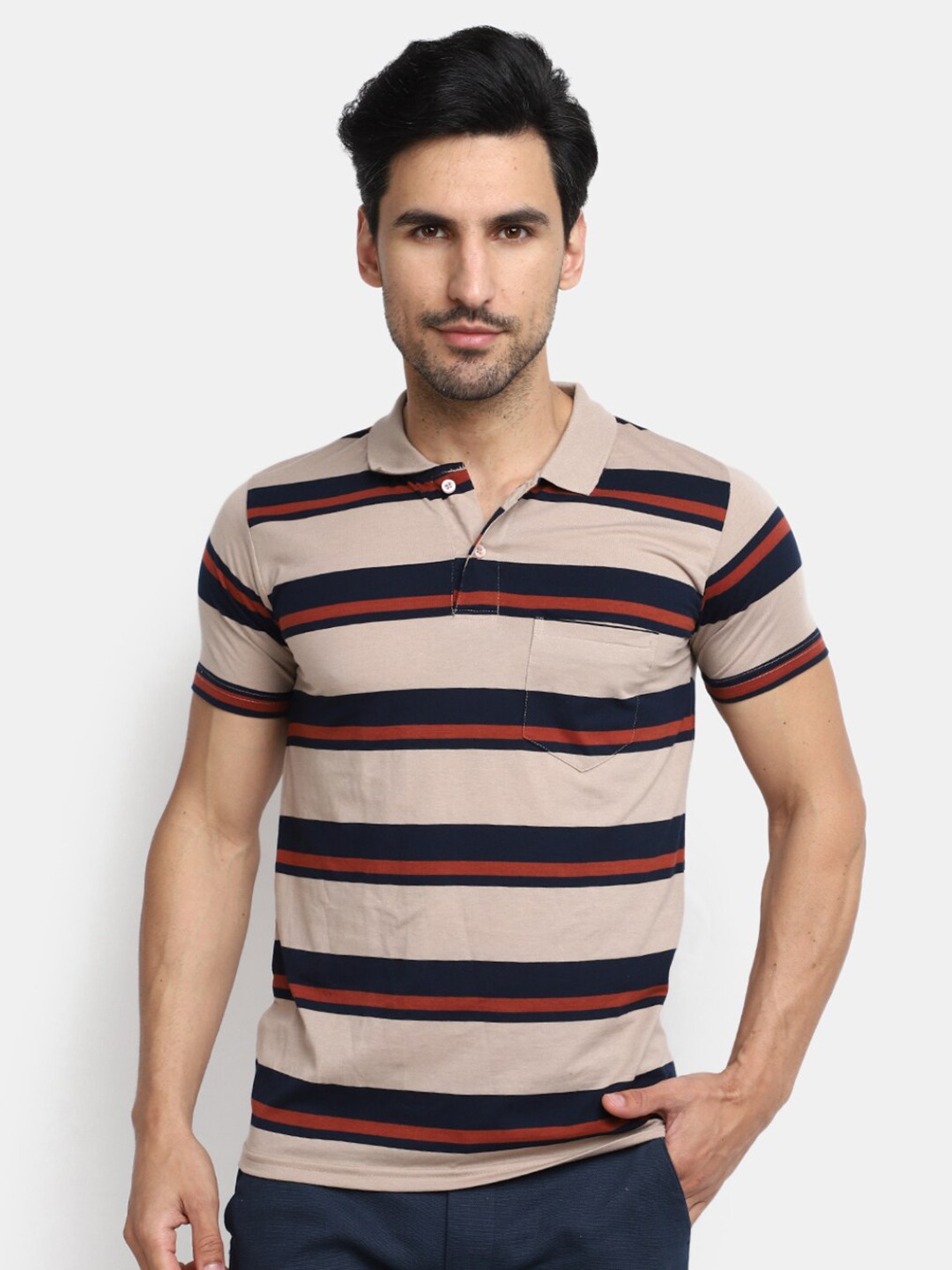 

V-Mart Striped Polo Collar Slim Fit Cotton Casual T-shirt, Beige