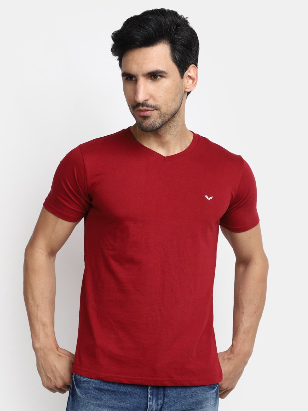 

V-Mart V-Neck Short Sleeves Slim Fit Cotton T-shirt, Maroon