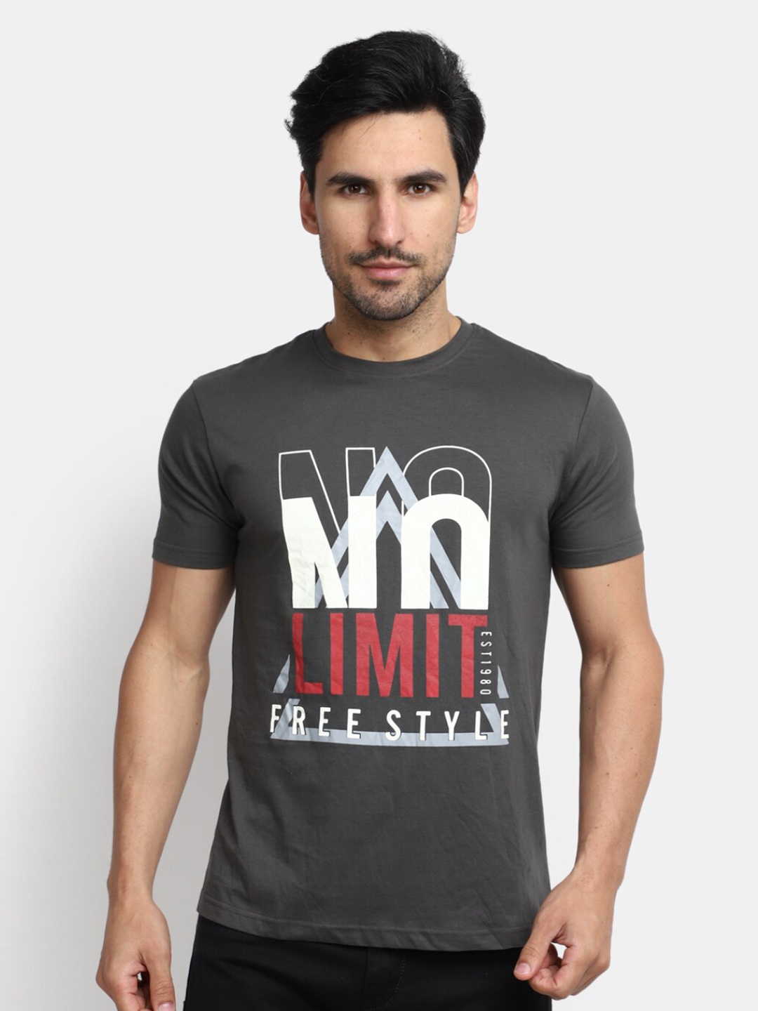 

V-Mart Typography Printed Slim Fit Cotton Casual T-shirt, Grey