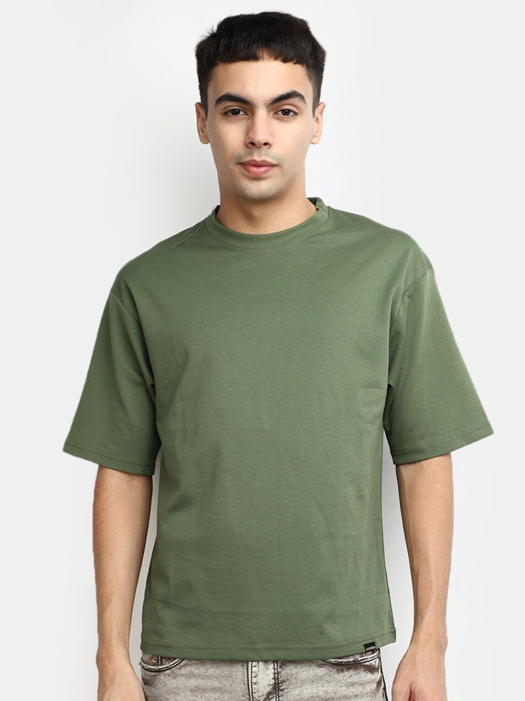 

V-Mart Round Neck Drop-Shoulder Sleeves Cotton T-shirt, Green