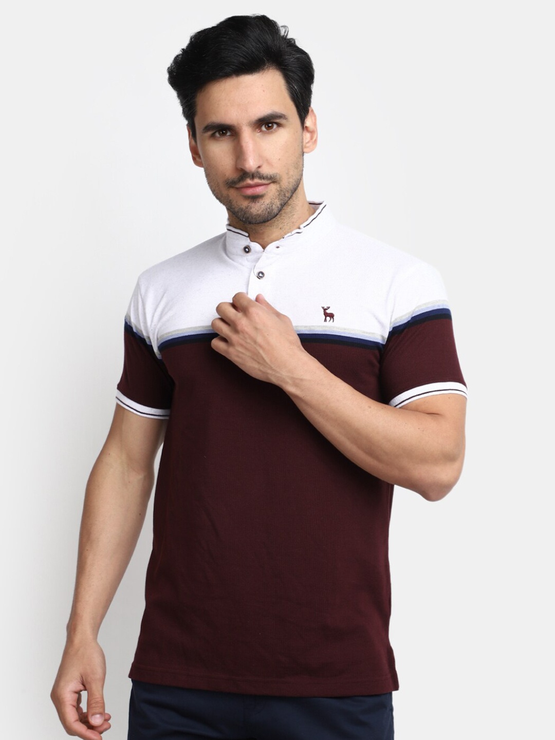 

V-Mart Striped Mandarin Collar Cotton T-shirt, Maroon