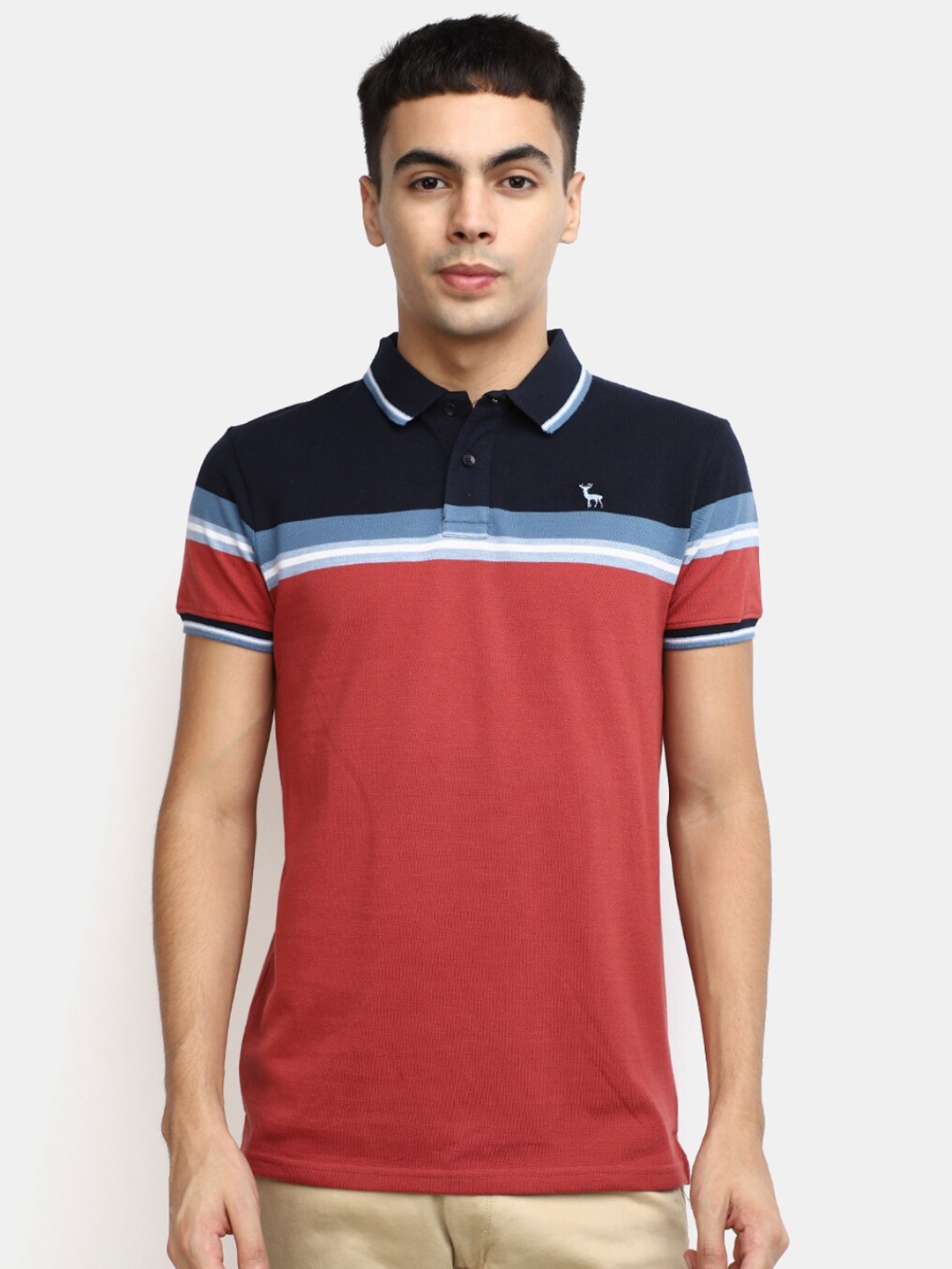 

V-Mart Colourblocked Polo Collar Cotton T-shirt, Rust