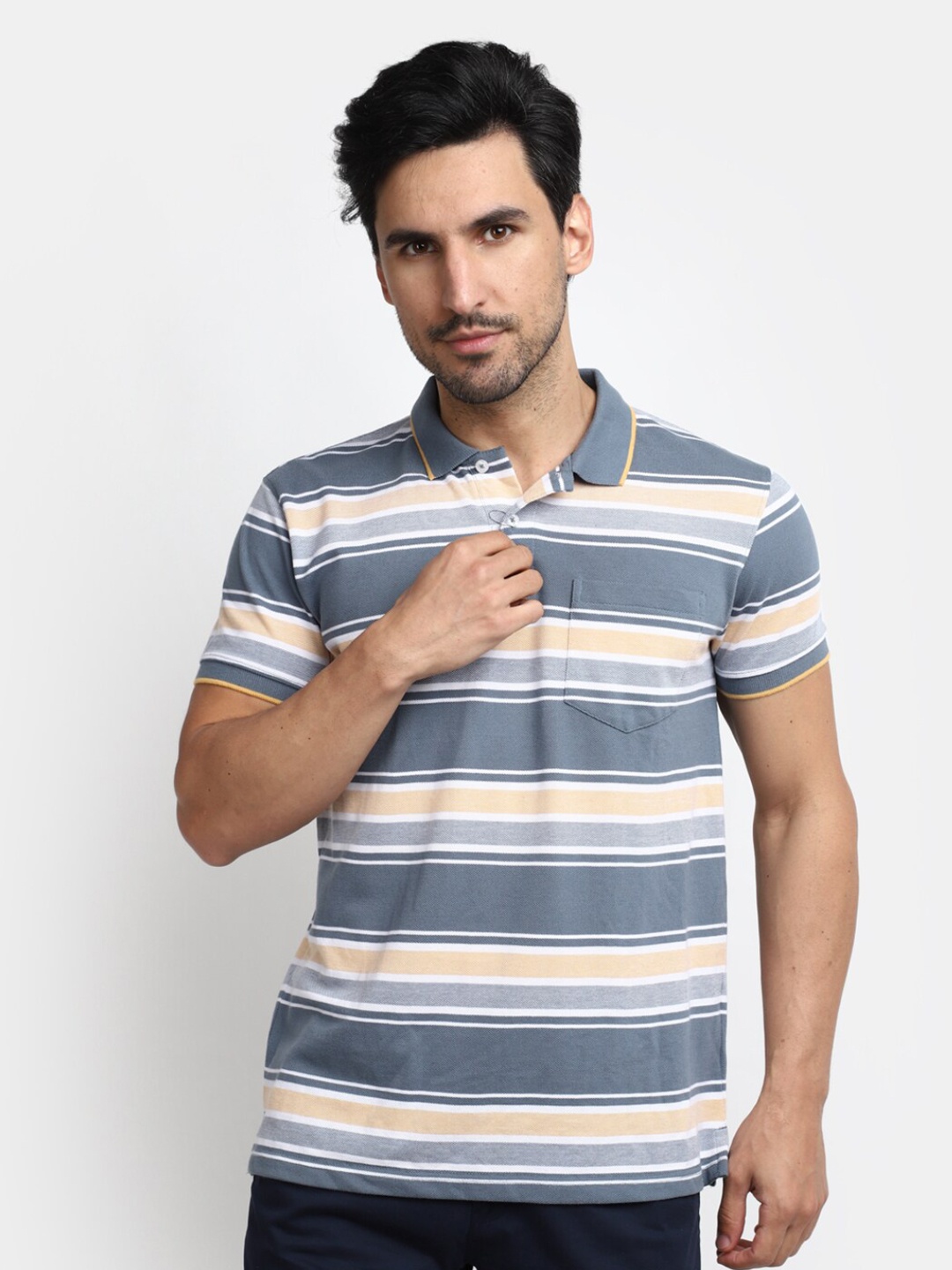 

V-Mart Striped Polo Collar Cotton T-shirt, Blue