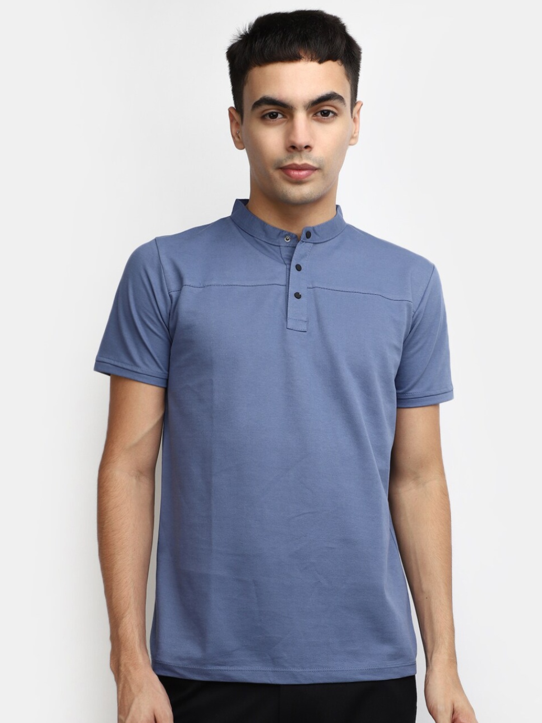 

V-Mart Mandarin Collar Cotton T-shirt, Blue