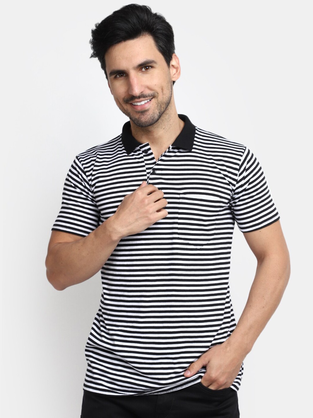 

V-Mart Striped Polo Collar Cotton T-shirt, Black