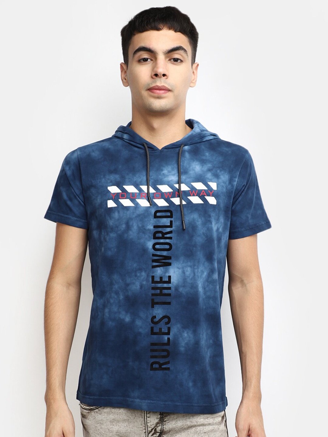 

V-Mart Typography Printed Hood Cotton T-shirt, Blue