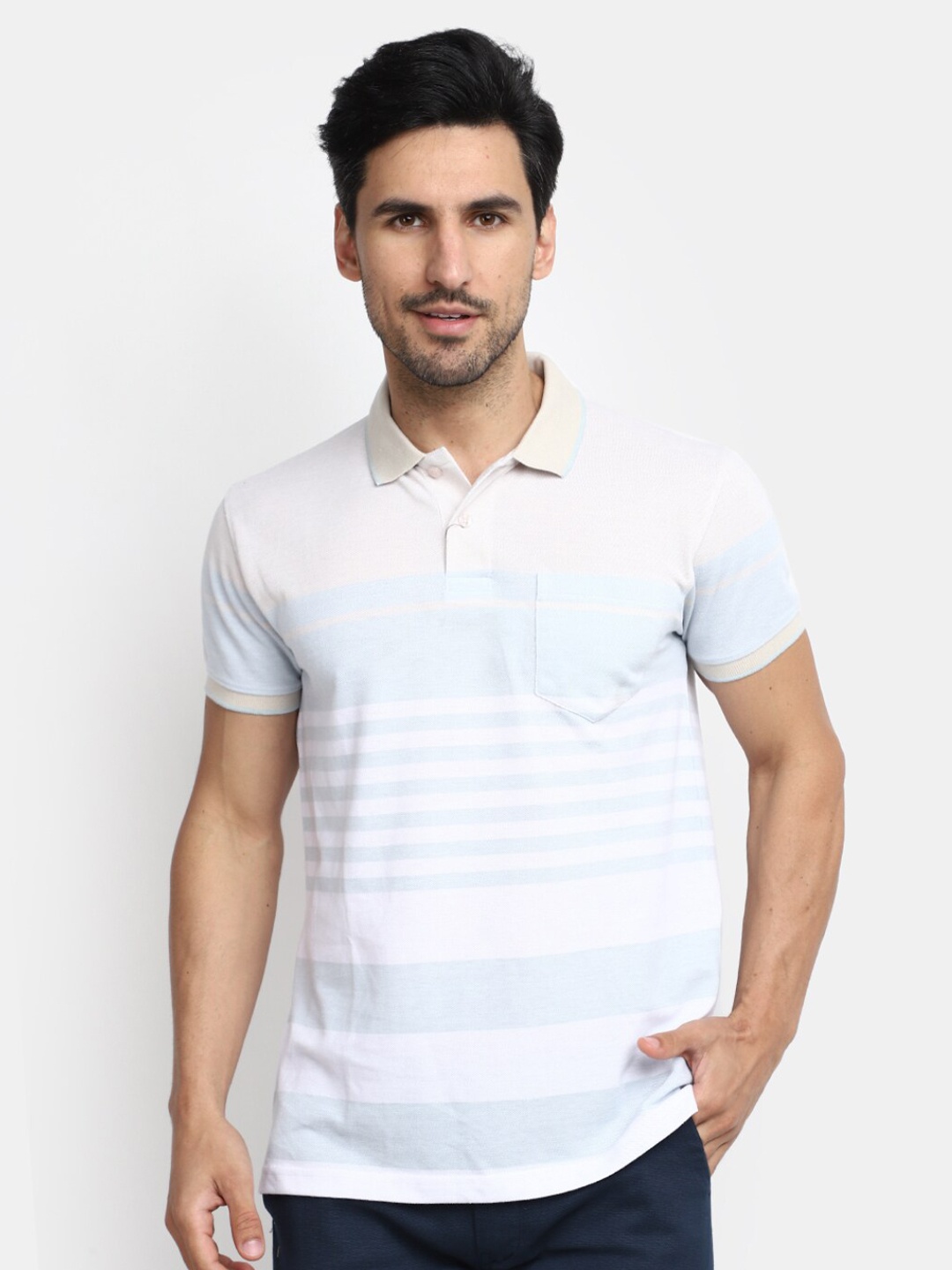 

V-Mart Striped Polo Collar Cotton T-shirt, White