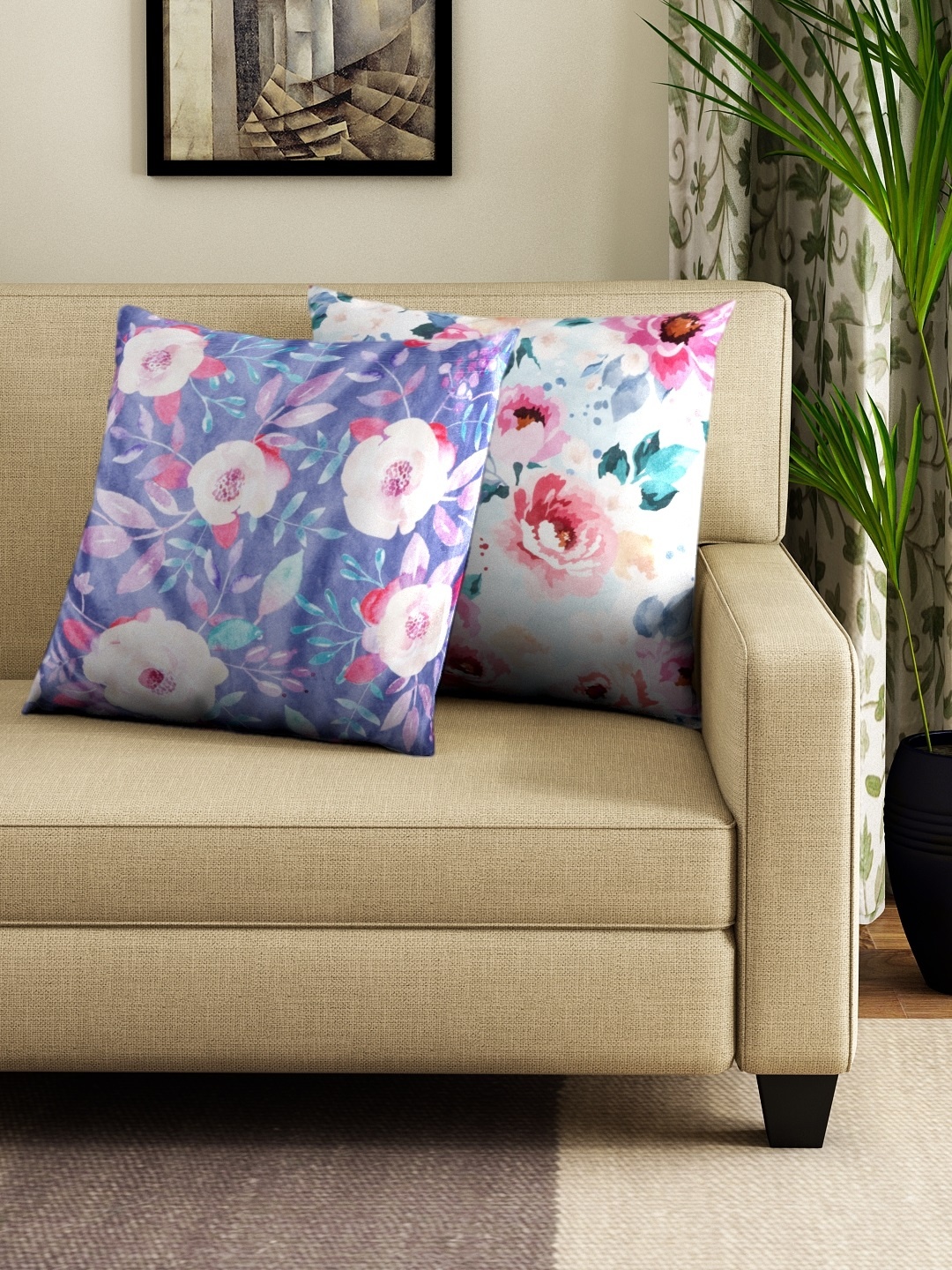 

HOUZZCODE Purple Set of 2 Floral Square Cushion Covers