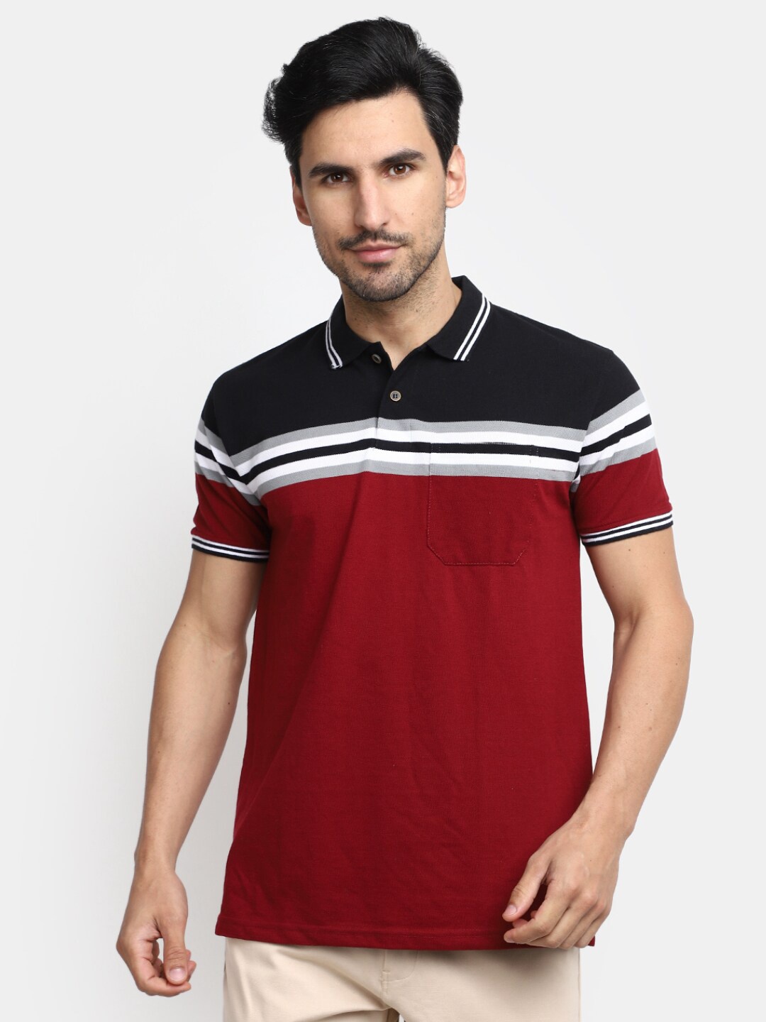 

V-Mart Striped Polo Collar Cotton T-shirt, Maroon