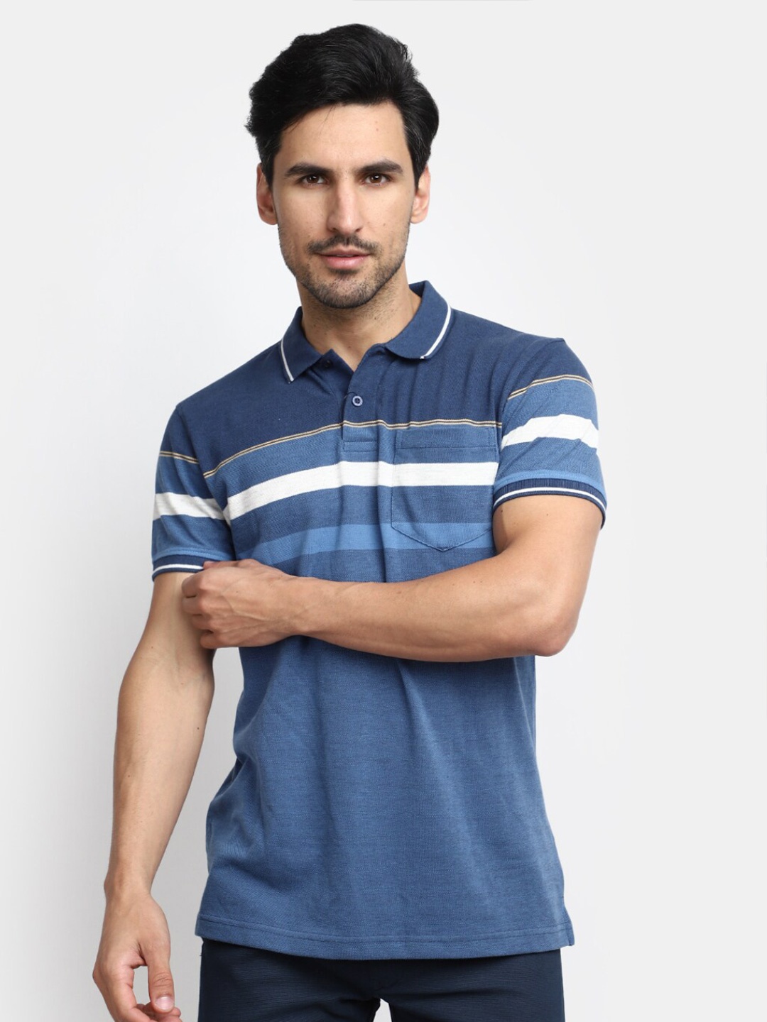 

V-Mart Striped Polo Collar Cotton Casual T-shirt, Blue
