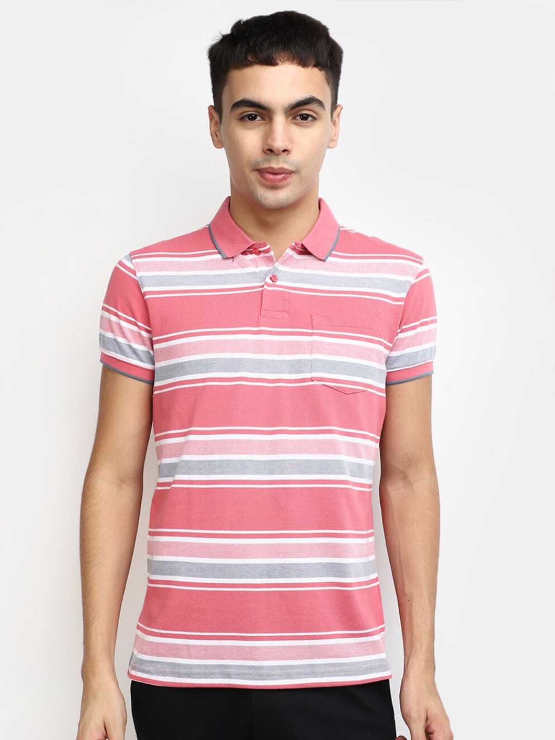 

V-Mart Striped Polo Collar Cotton Regular T-shirt, Pink