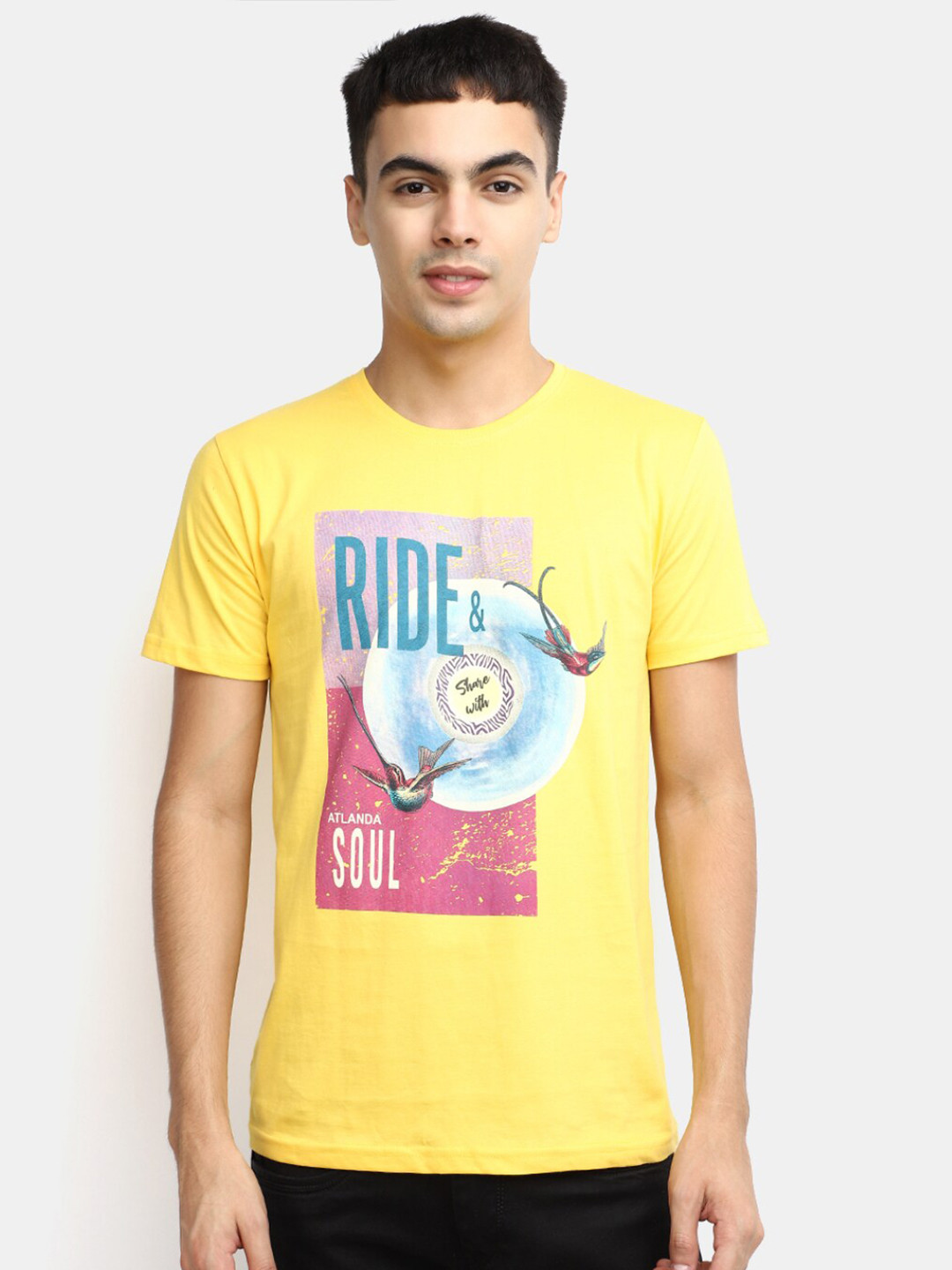

V-Mart Graphic Printed Round Neck Cotton Regular T-shirt, Yellow