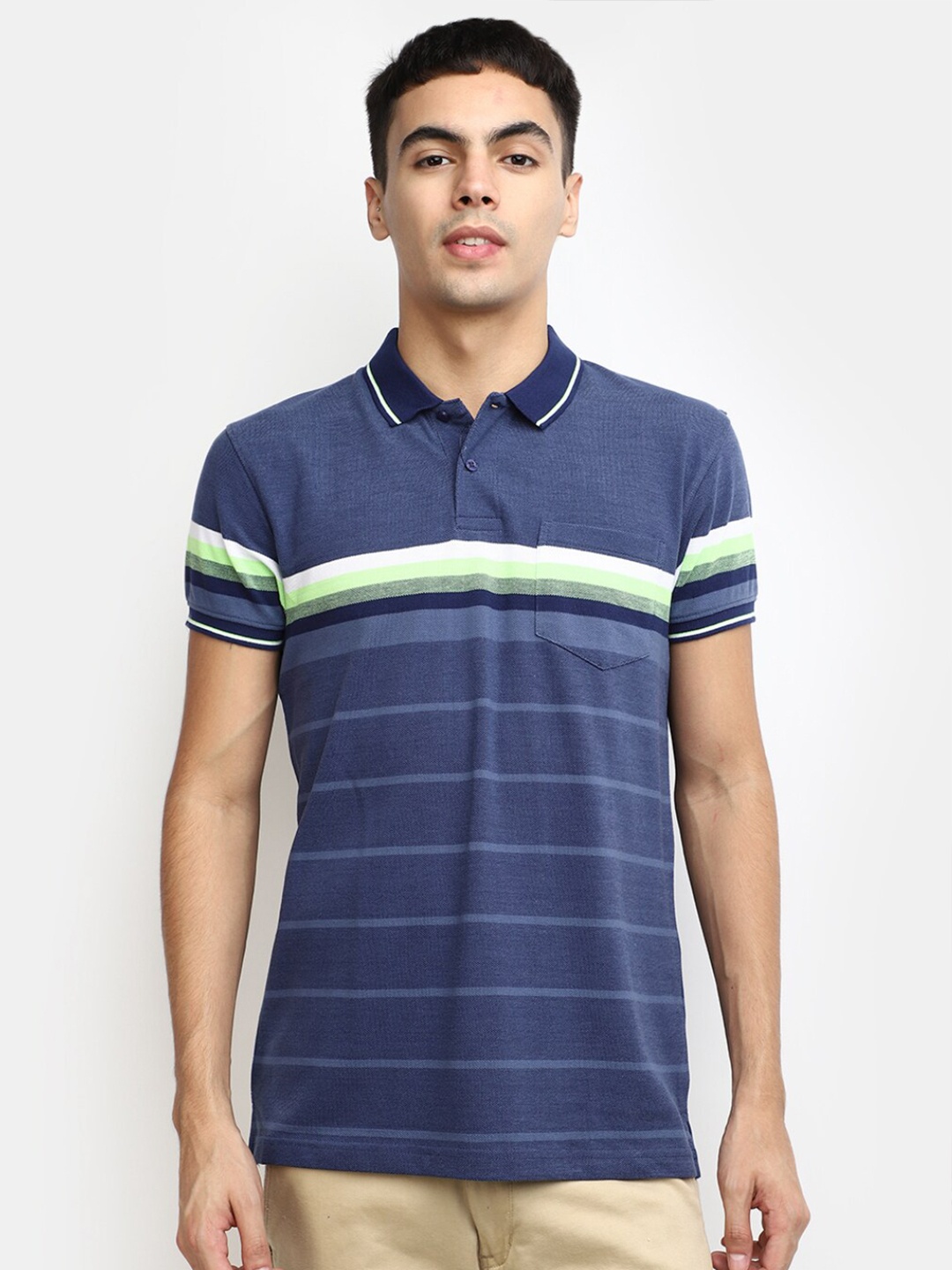 

V-Mart Striped Polo Collar Cotton T-shirt, Blue