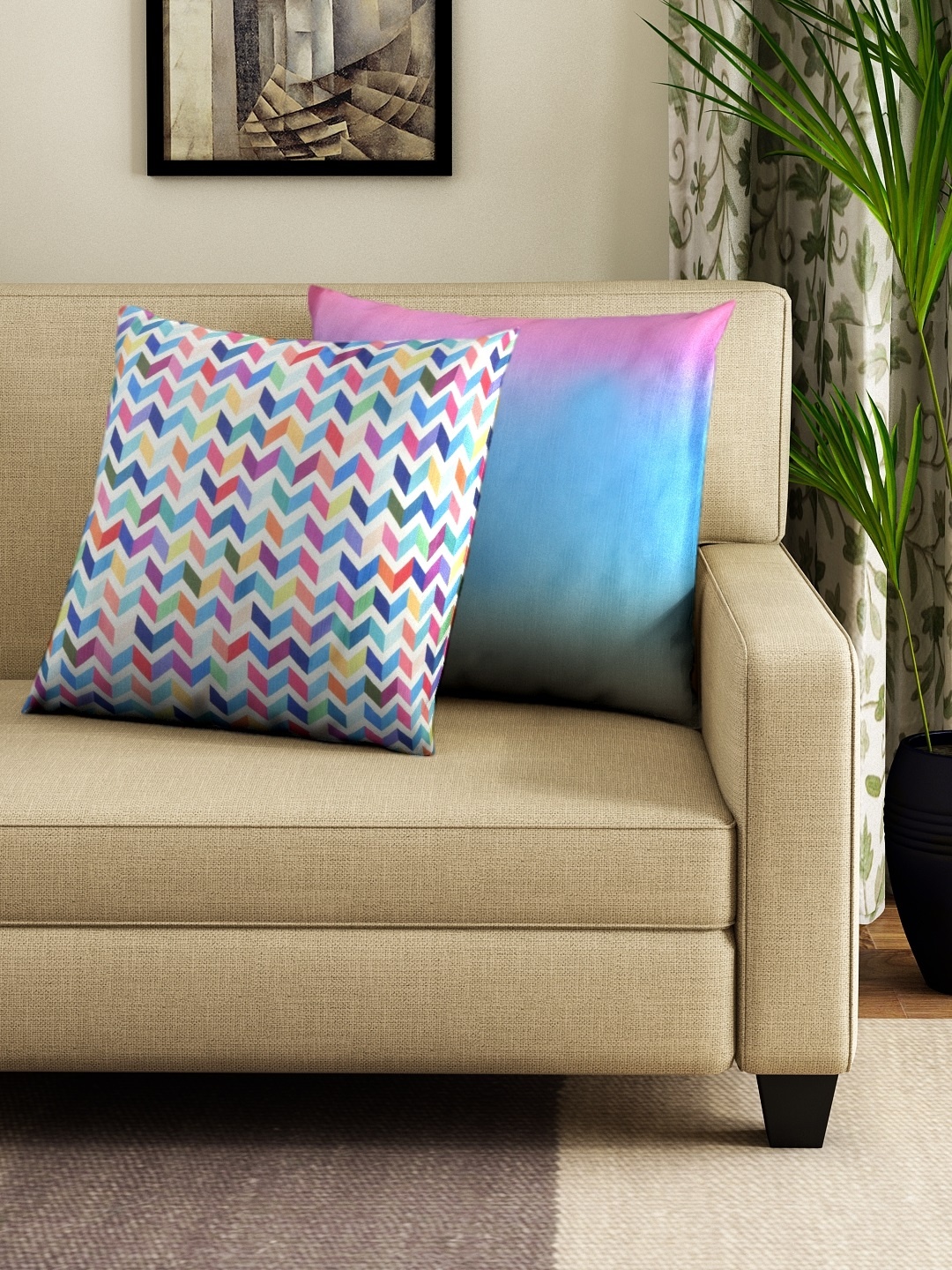 

HOUZZCODE Multicoloured Set of 2 Geometric Square Cushion Covers, Multi