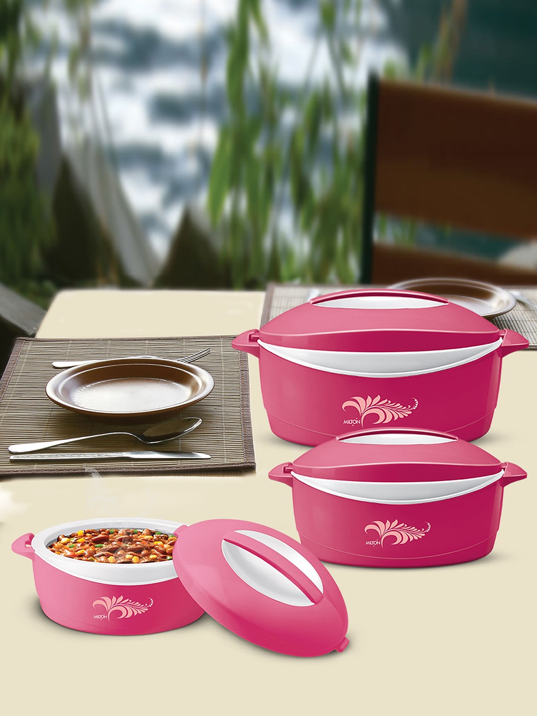 

Milton Delight Jr. Gift Set of 3 PU Insulated Stainless Steel Casseroles 520ml 820ml 1.3L, Pink