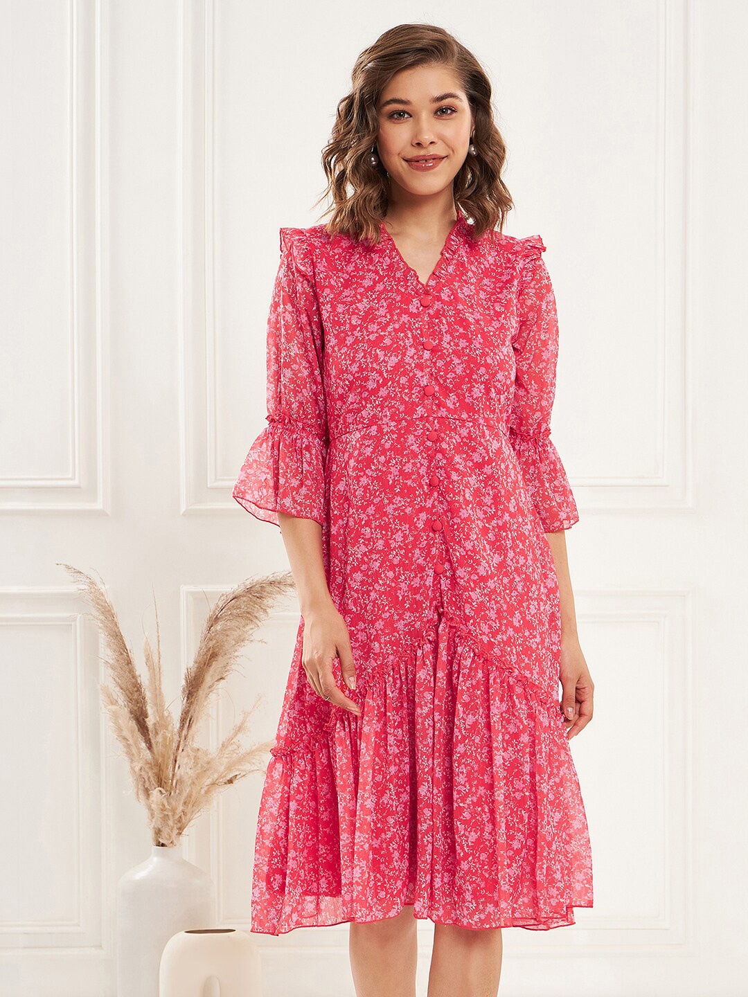 

Antheaa Pink & White Floral Printed V-Neck Bell Sleeve Ruffled Chiffon Fit & Flare Dress