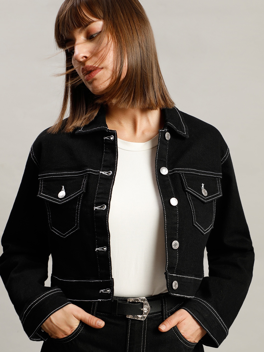 

Vero Modaoi Crop Denim Cotton Jacket, Black