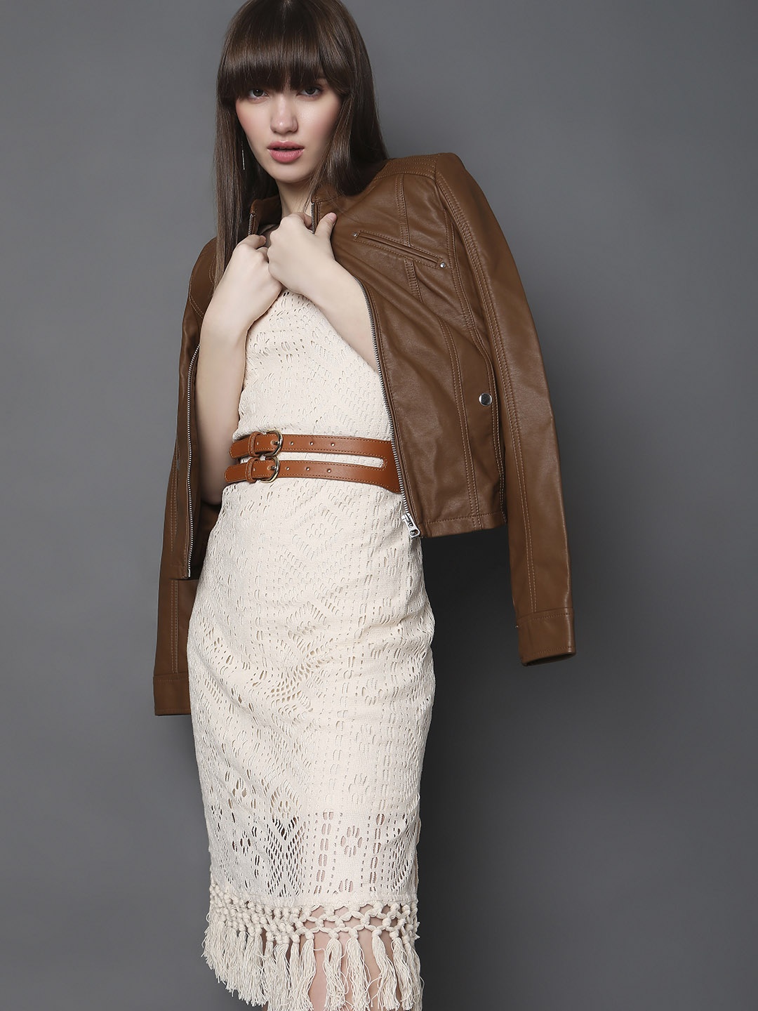 

Vero Moda Mandarin Collar Leather Jacket, Brown