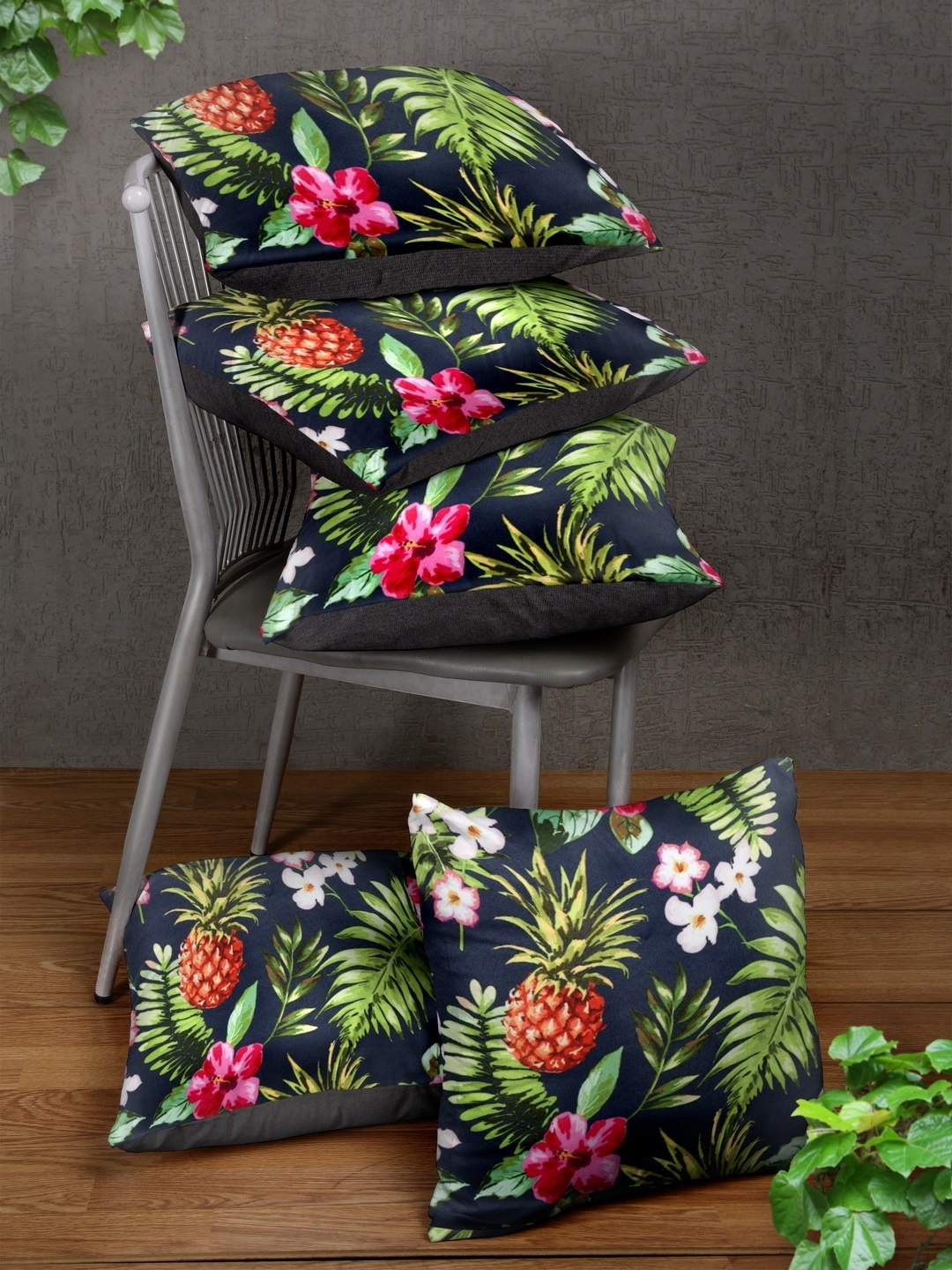 

HOUZZCODE Navy Blue Set of 5 Floral Square Cushion Covers