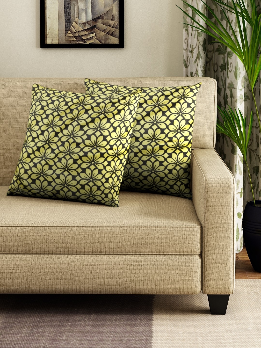 

HOUZZCODE Black Set of 2 Floral Square Cushion Covers