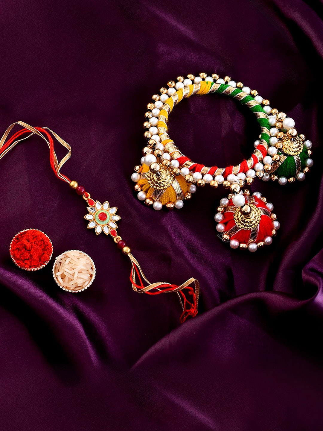 

Shoshaa Kundan Bhaiya Bhabhi Rakhi Multi Beaded Bangle with Roli Chawal, Red