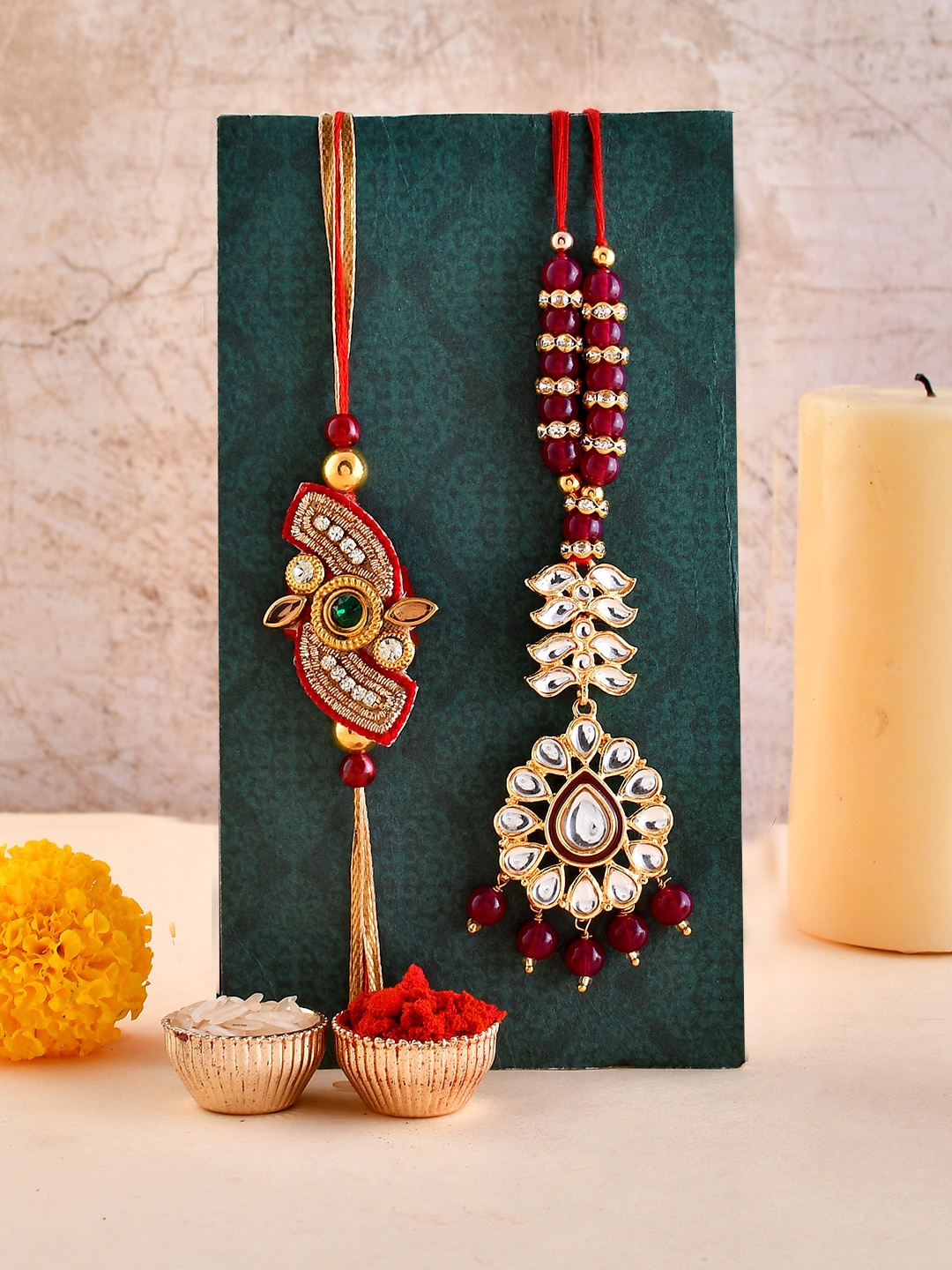 

Shoshaa Kundan-Studded Bhaiya Bhabhi Rakhi & lumba with Roli Chawal & Greeting Card, Red