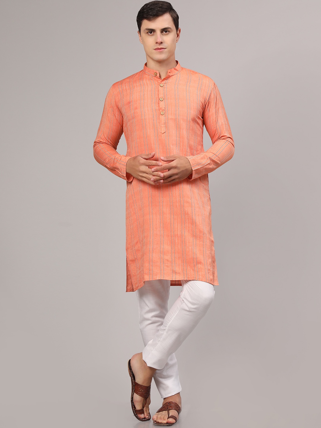 

Nimidiya Striped Regular Pure Cotton Kurta With Pyjamas, Orange