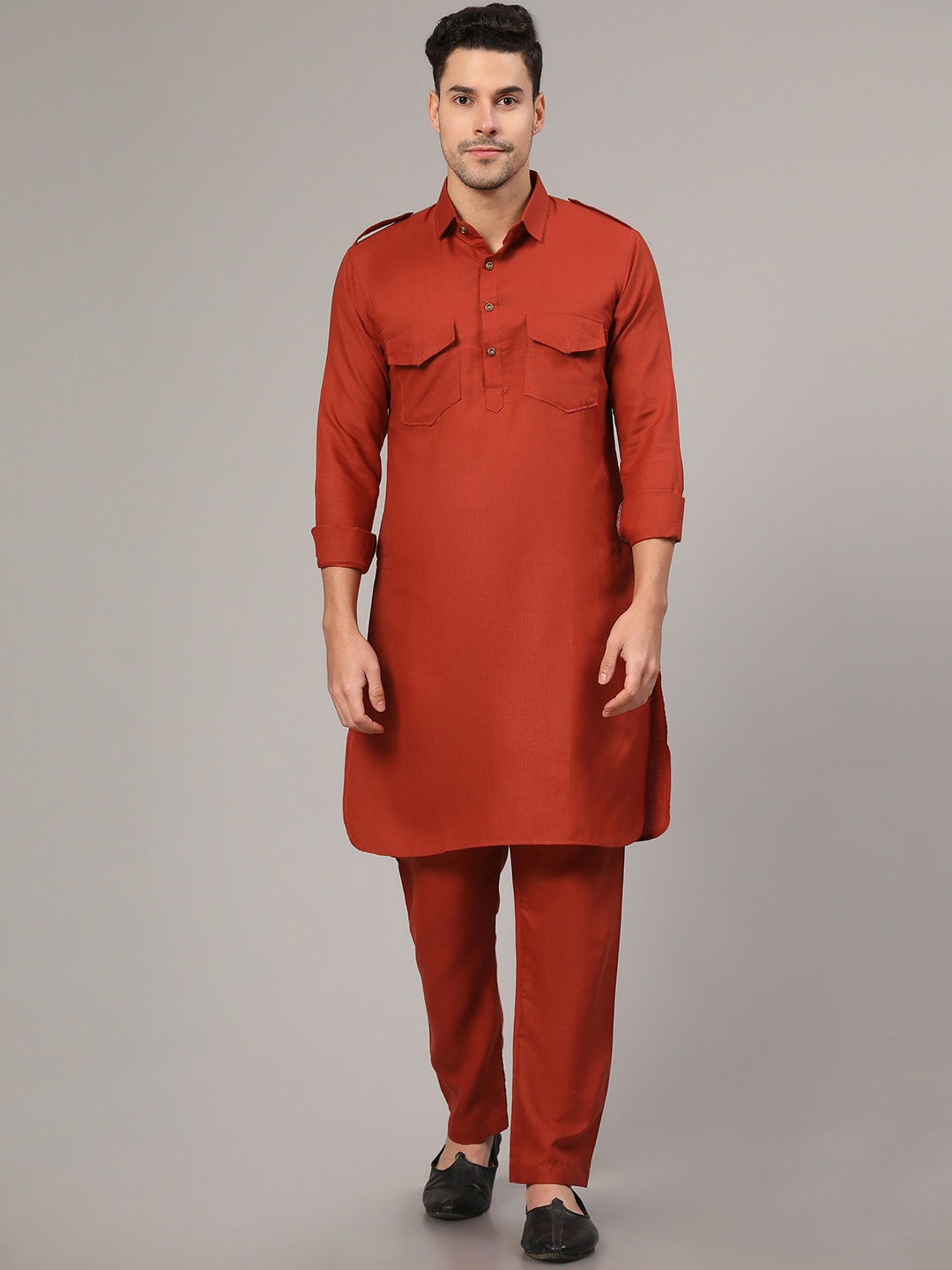 Nimidiya Shirt Collar Regular Pure Cotton Pathani Kurta With Pyjamas, Red