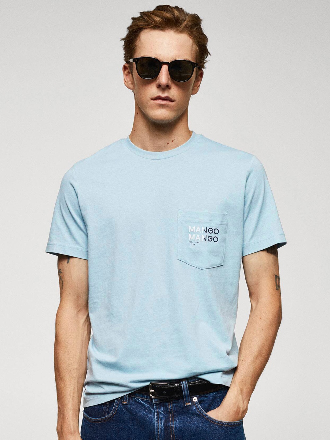 

MANGO MAN Pocket Detail Pure Cotton Regular Fit T-shirt, Blue