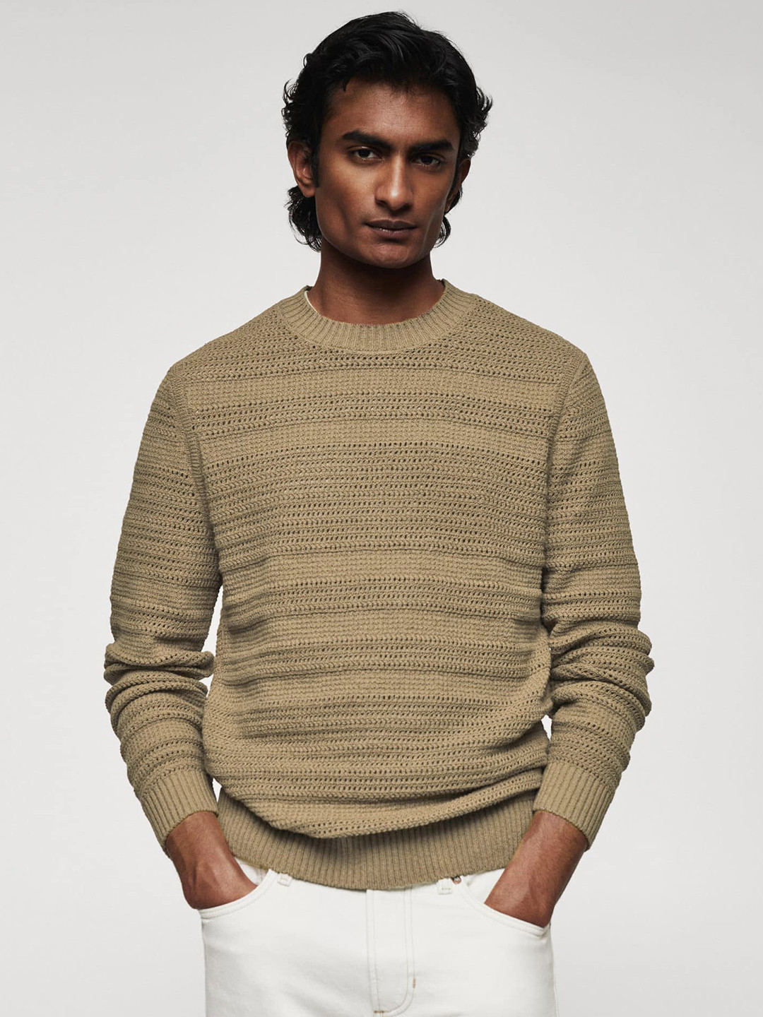 

MANGO MAN Self Striped Pullover, Brown