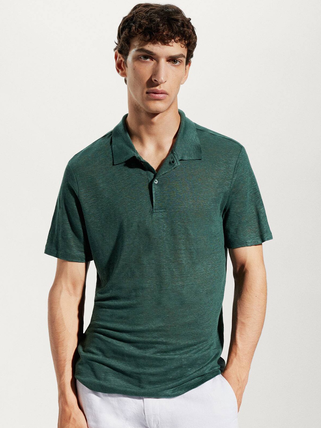 

MANGO MAN Polo Collar Linen T-shirt, Green