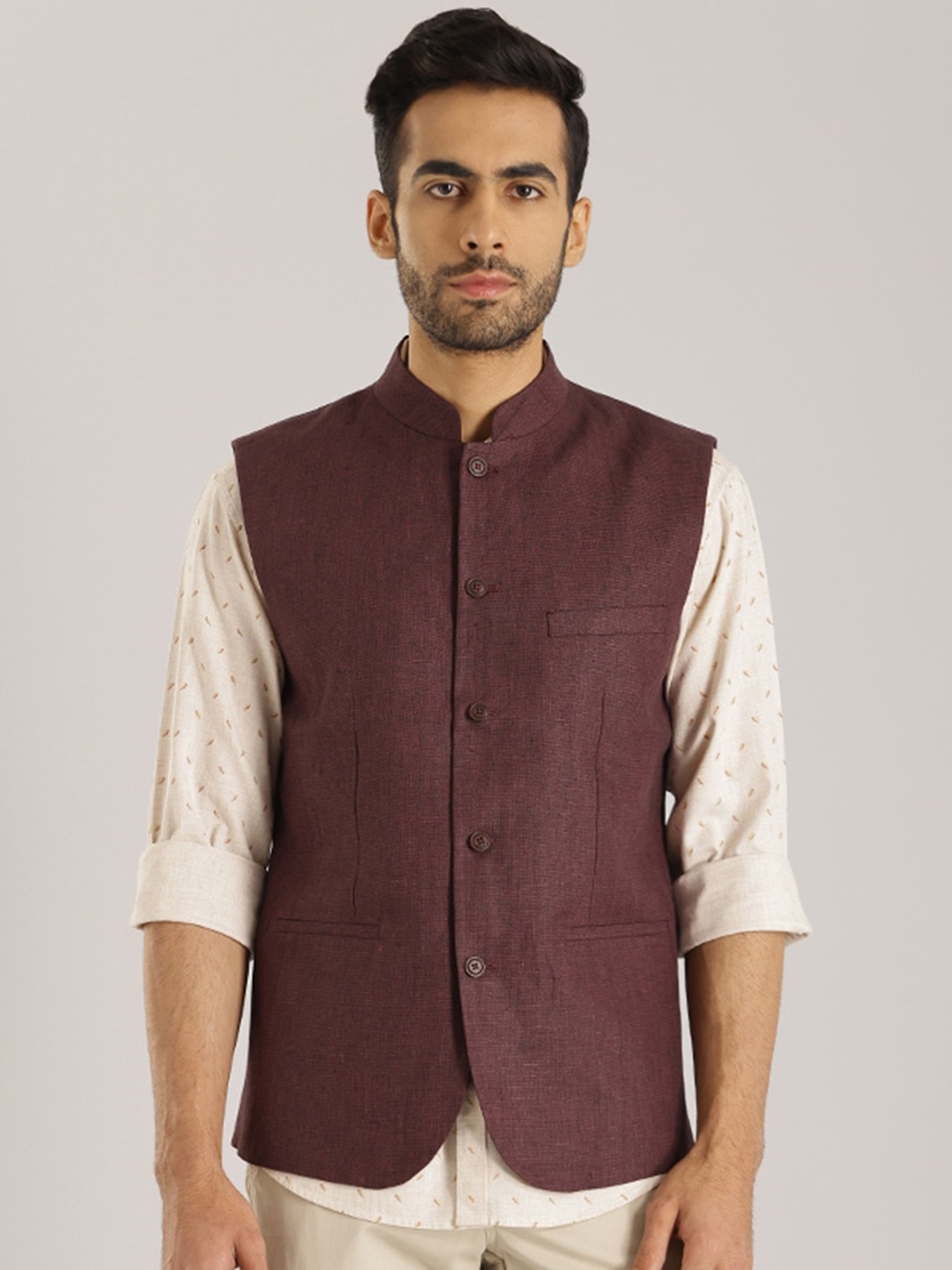 

Indian Terrain Mandarin Collar Pure Linen Waistcoat, Maroon