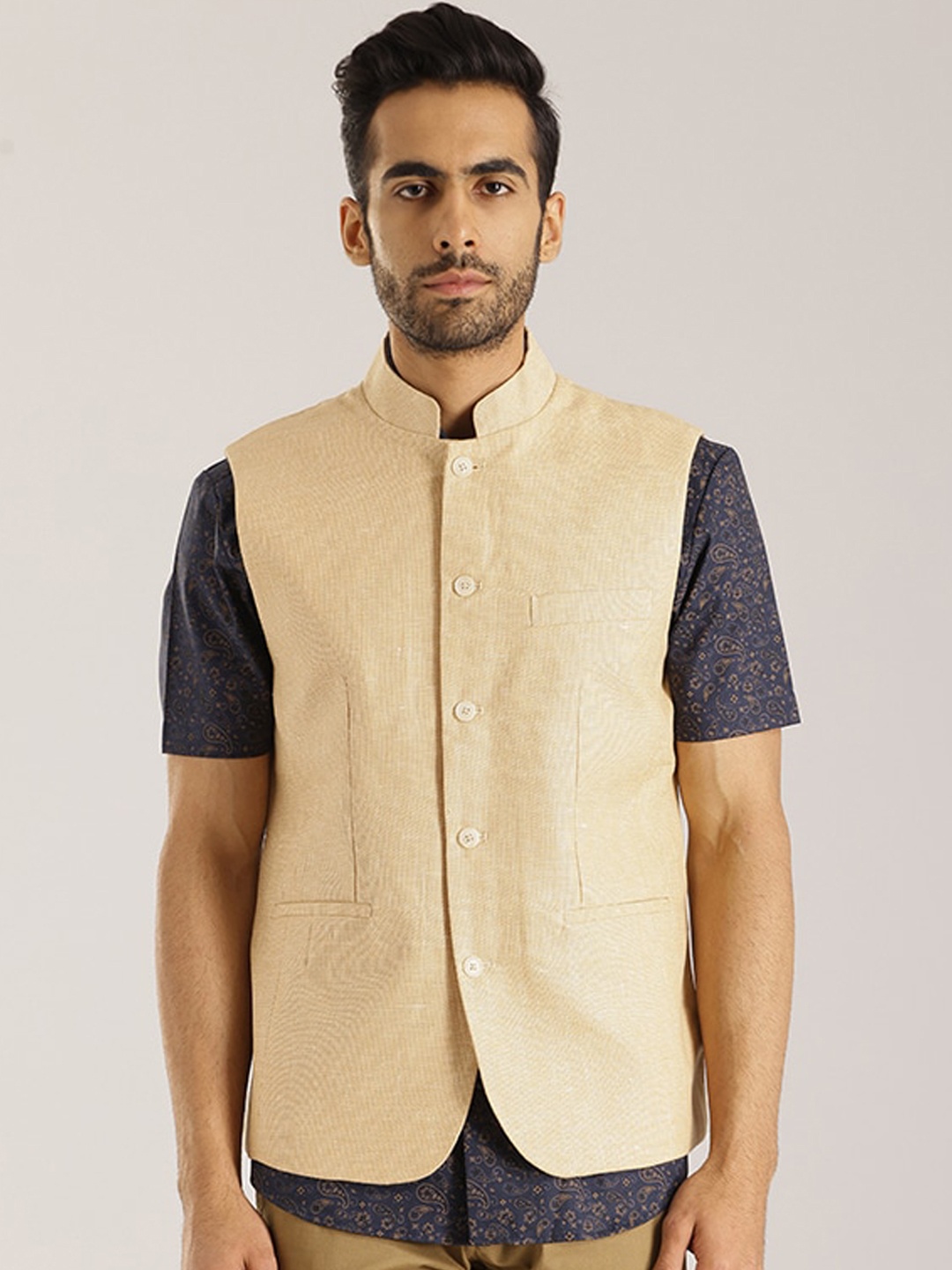 

Indian Terrain Solid Woven Nehru Jacket, Khaki