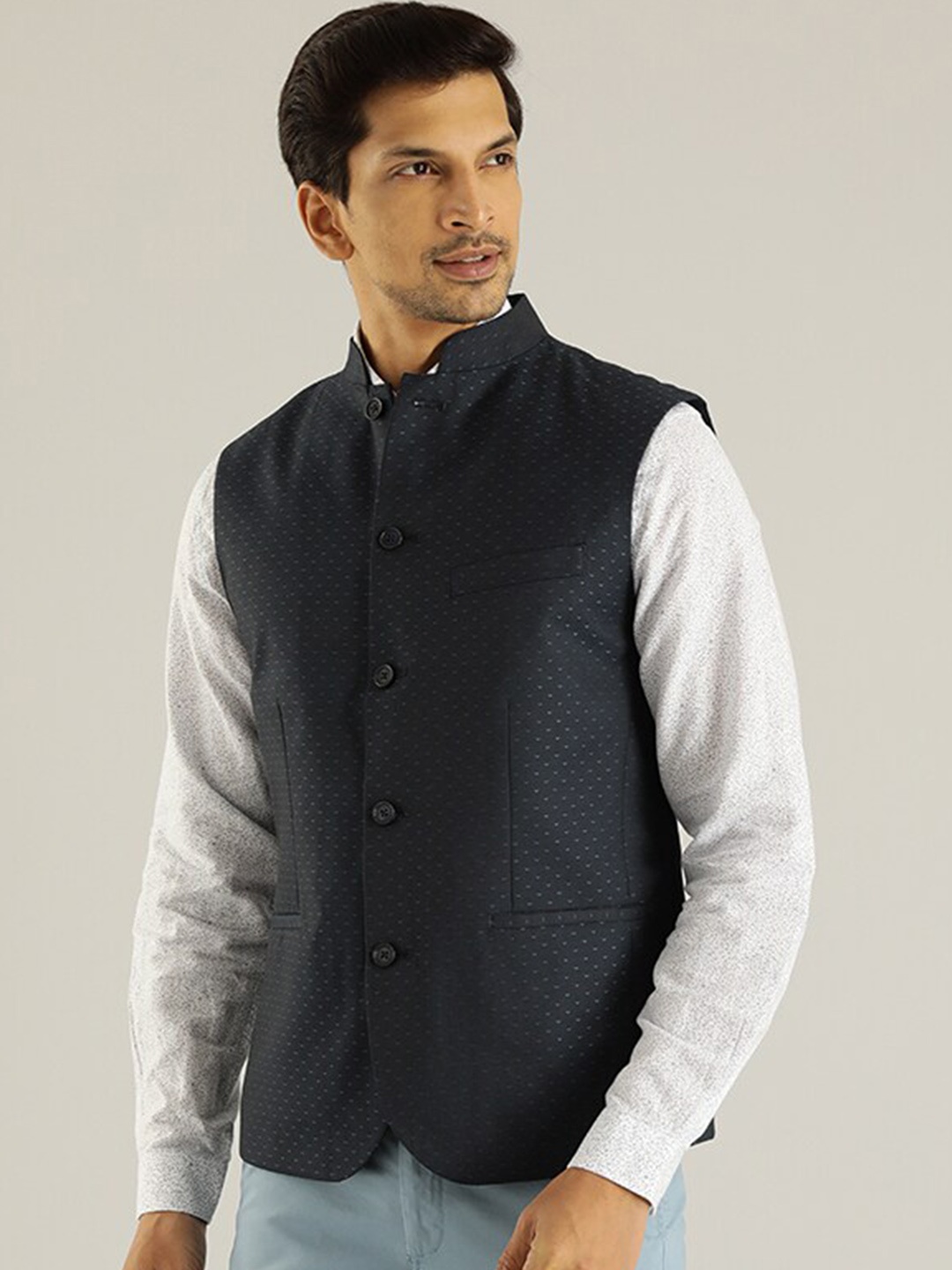 

Indian Terrain Solid Woven Nehru Jacket, Blue