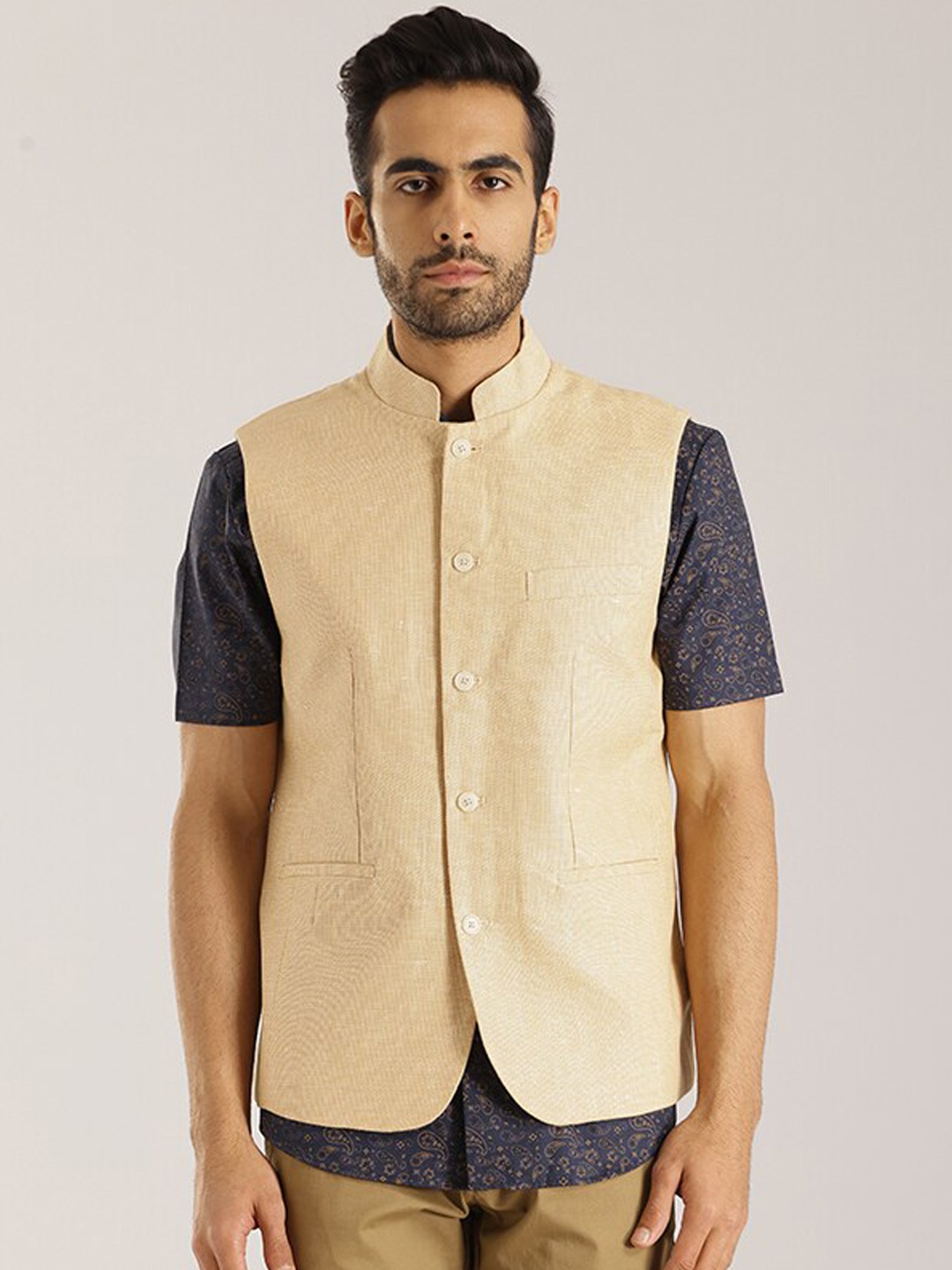 

Indian Terrain Linen Cotton Sleeveless Nehru Jacket, Beige