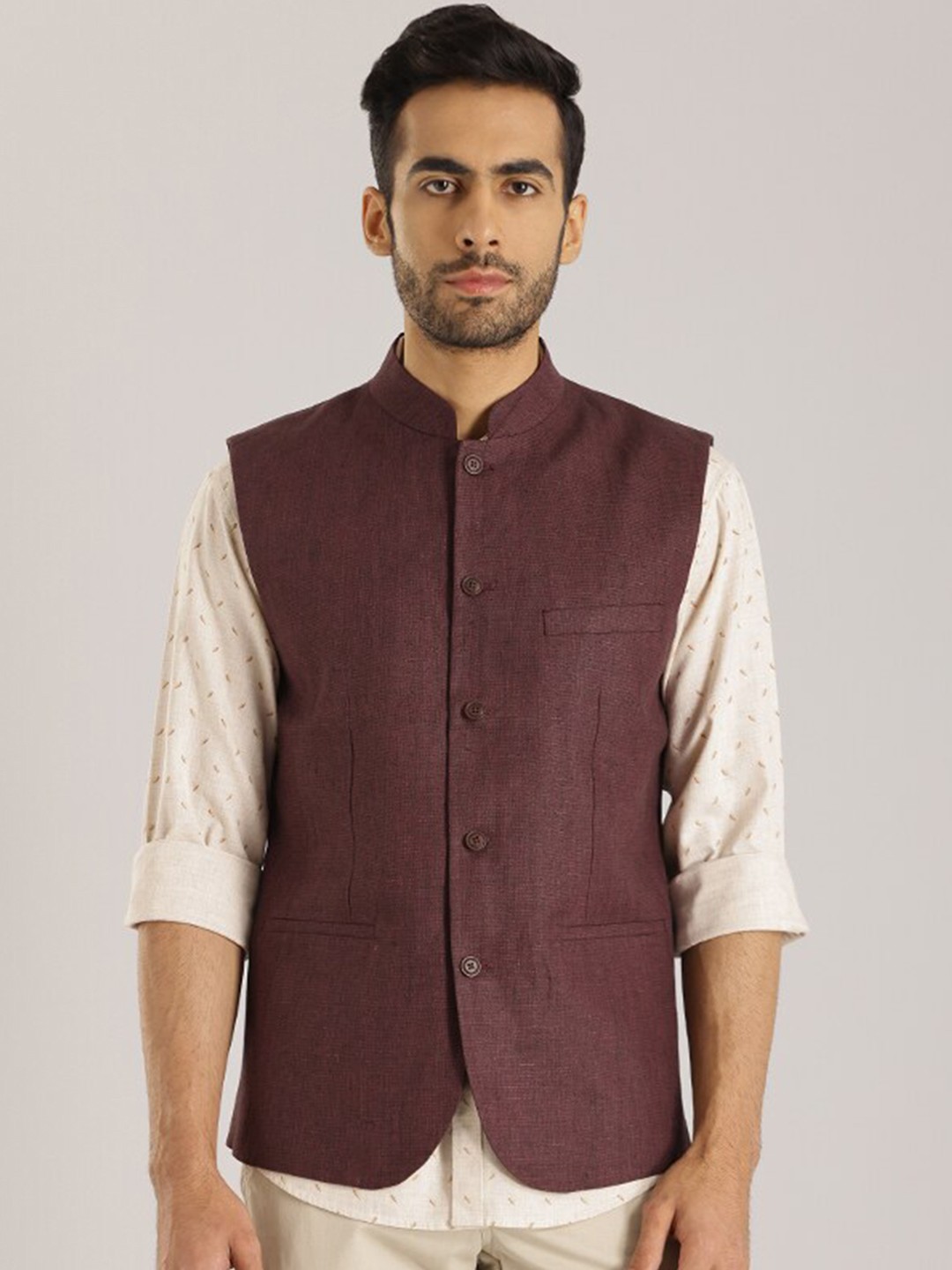 

Indian Terrain Woven Pure Linen Nehru Jacket, Maroon