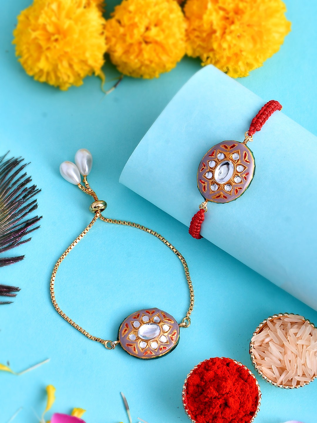 

Shoshaa Set Of 2 Red & Gold Thread Meenakari Kundan Lumba Bracelet Bhai-Bhabhi Rakhis