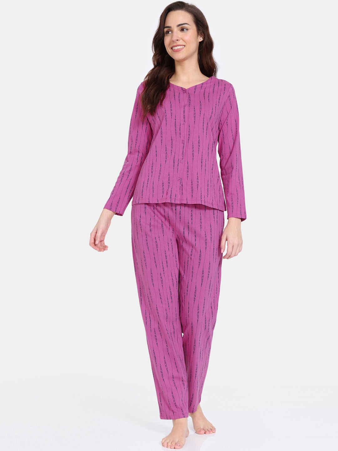 

Zivame Striped Pure Cotton Night Suit, Purple