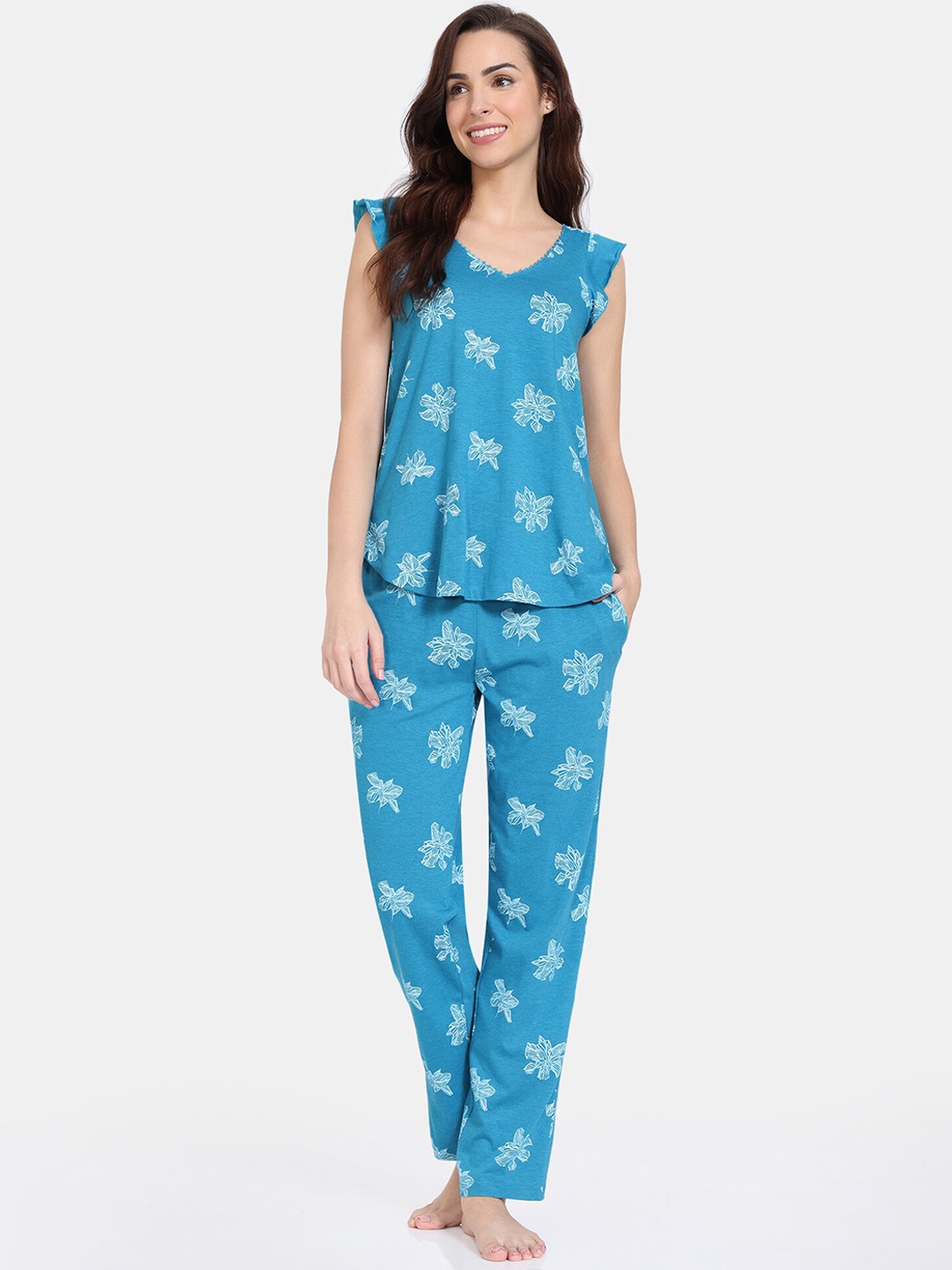 

Zivame Floral Printed Pure Cotton Night Suit, Blue