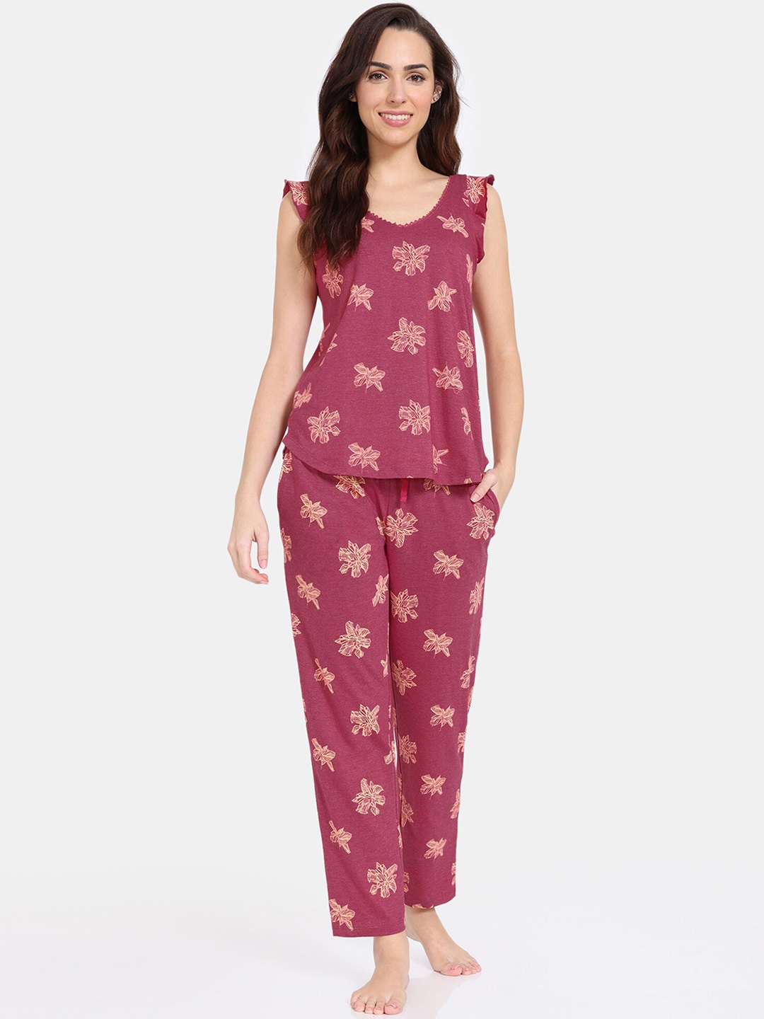 

Zivame Floral Printed Pure Cotton Night Suit, Purple